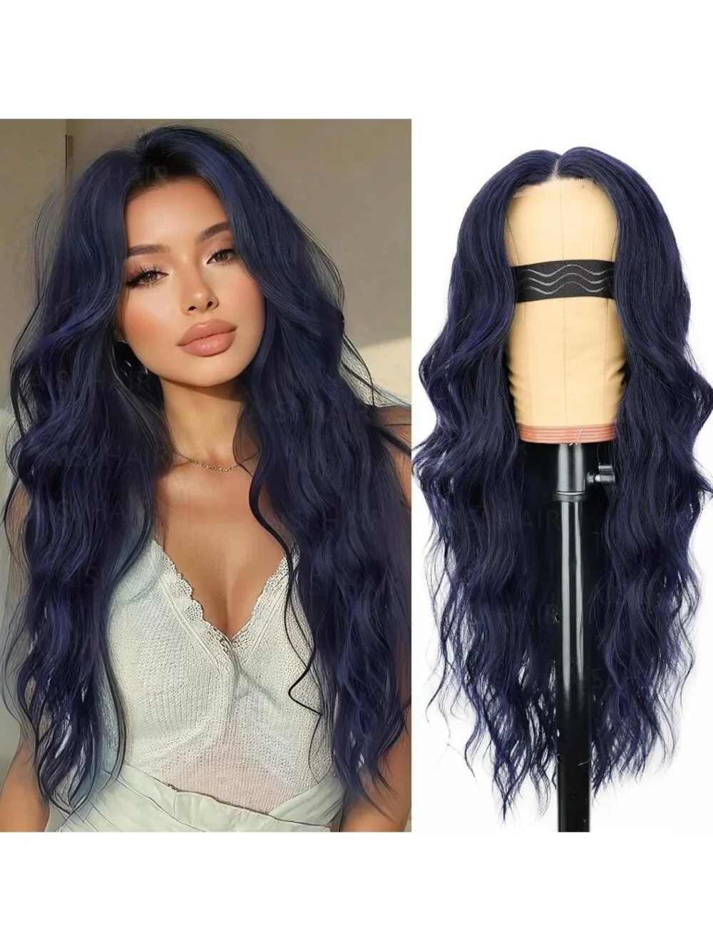 Women's Dark Blue Lace Hairline 26 Inch Synthetic Heat Resistant Wavy Wigs